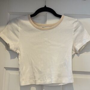 Urban Outfitters White Ribbed Crop Top with Cream Neck Trim